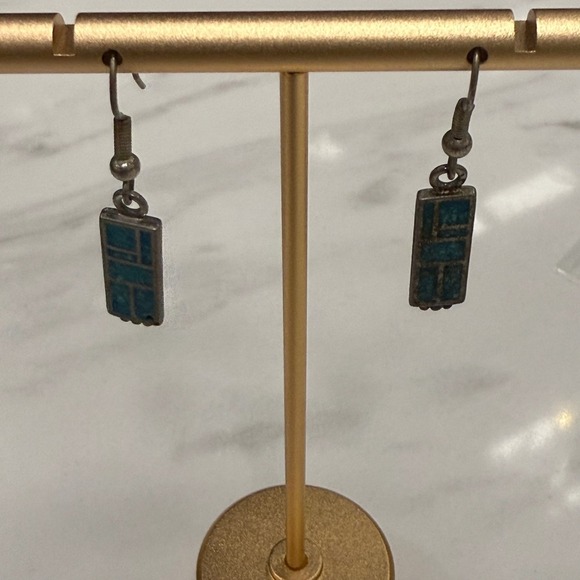Turquoise Inlay Earrings, Southwestern Style Silver Tone Dangle Earrings - Picture 2 of 3